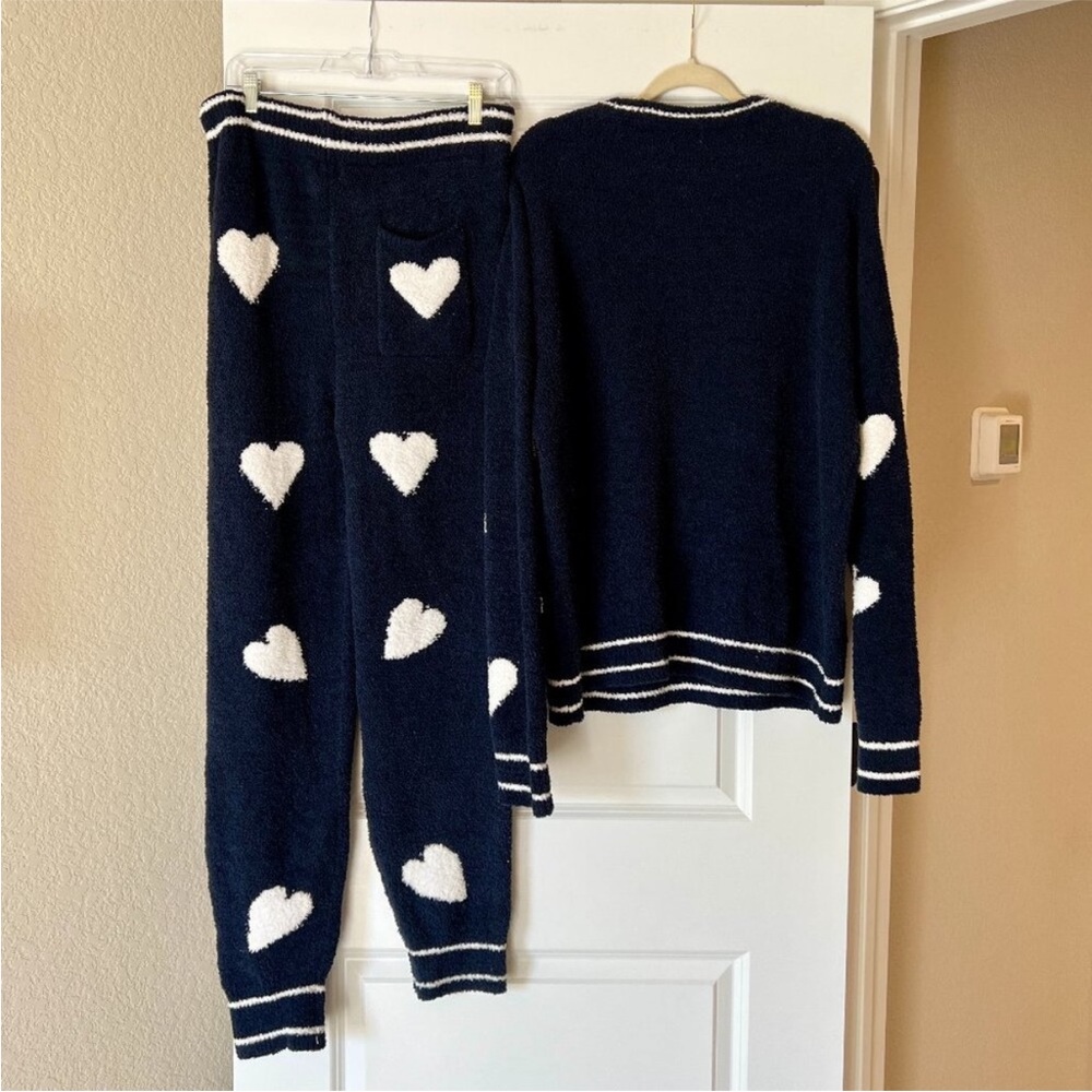 POL Matching Set Navy Blue White Heart Print Fleece Sweatshirt Sweatpant Joggers - Picture 2 of 4